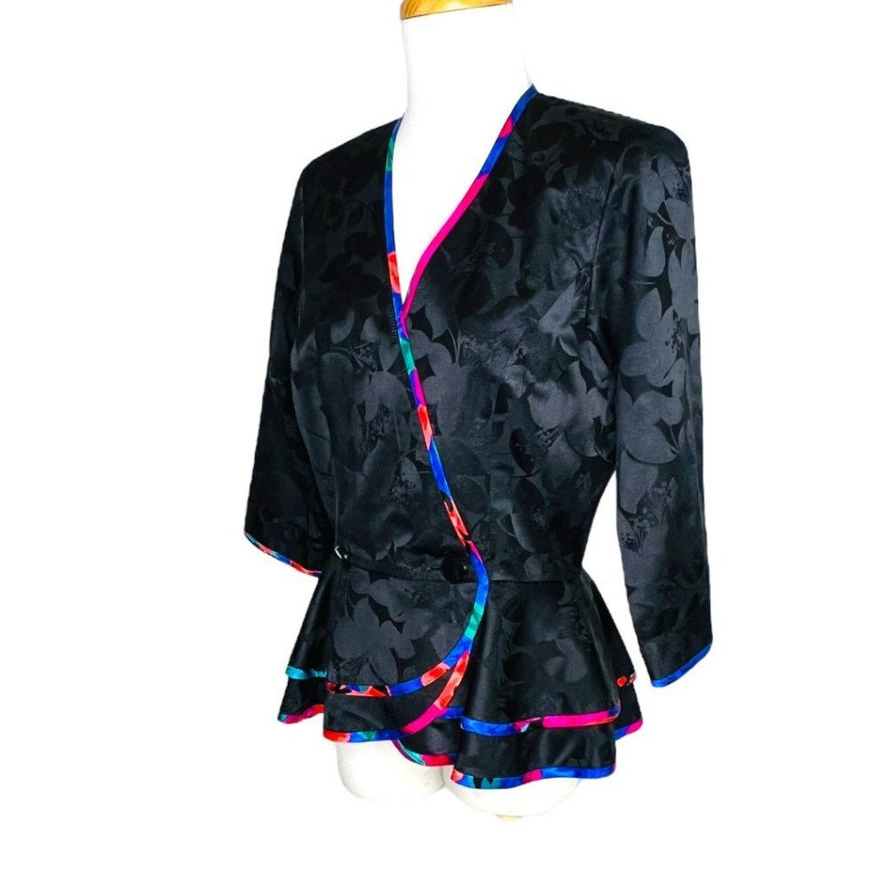 80s AJ Bari Jacquard Peplum Jacket 100% Silk Floral Piping Size 10 Vintage - Picture 9 of 12